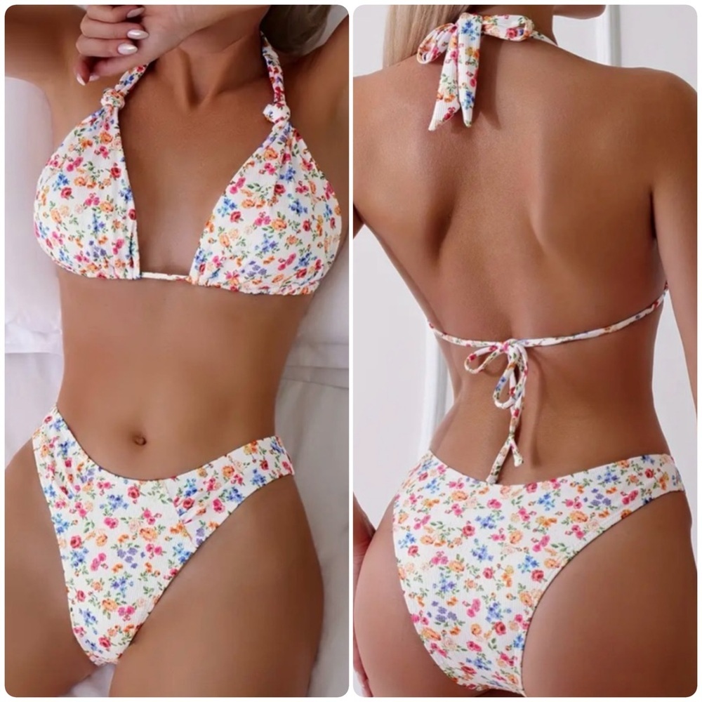 Multicolor Floral Halter High Cut Bikini Set